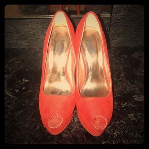 Red peep toe heels